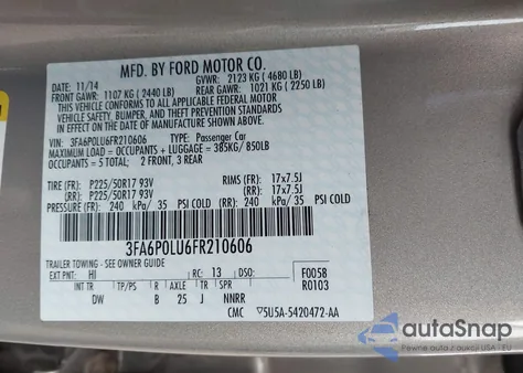 2015 Ford Fusion Hybrid Se z USA, uszkodzony, nr VIN 3FA6P0LU6FR210606
